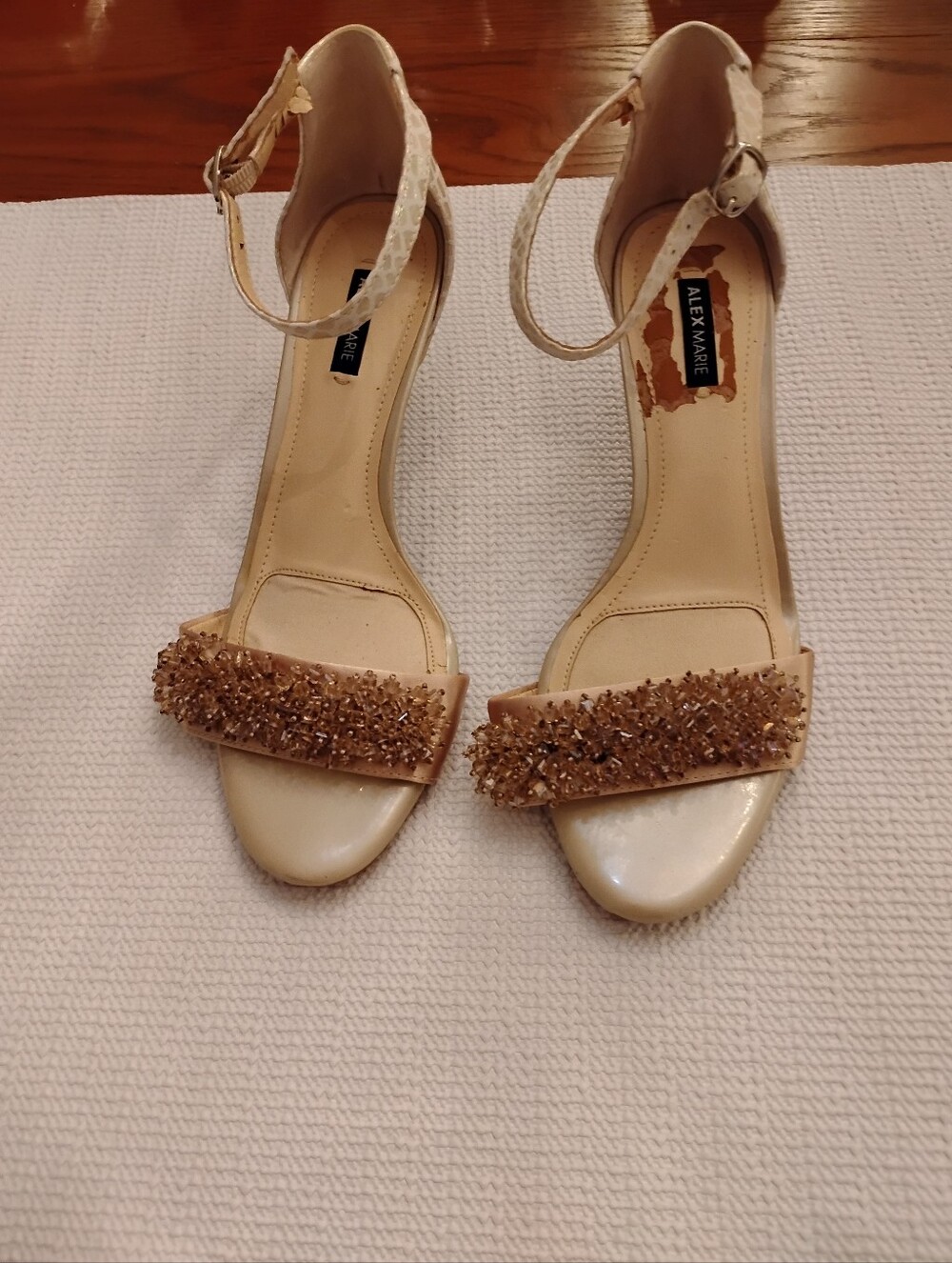 Alex Marie Champagne Beaded Ankle-Strap Heels Some Peeling On Inside
